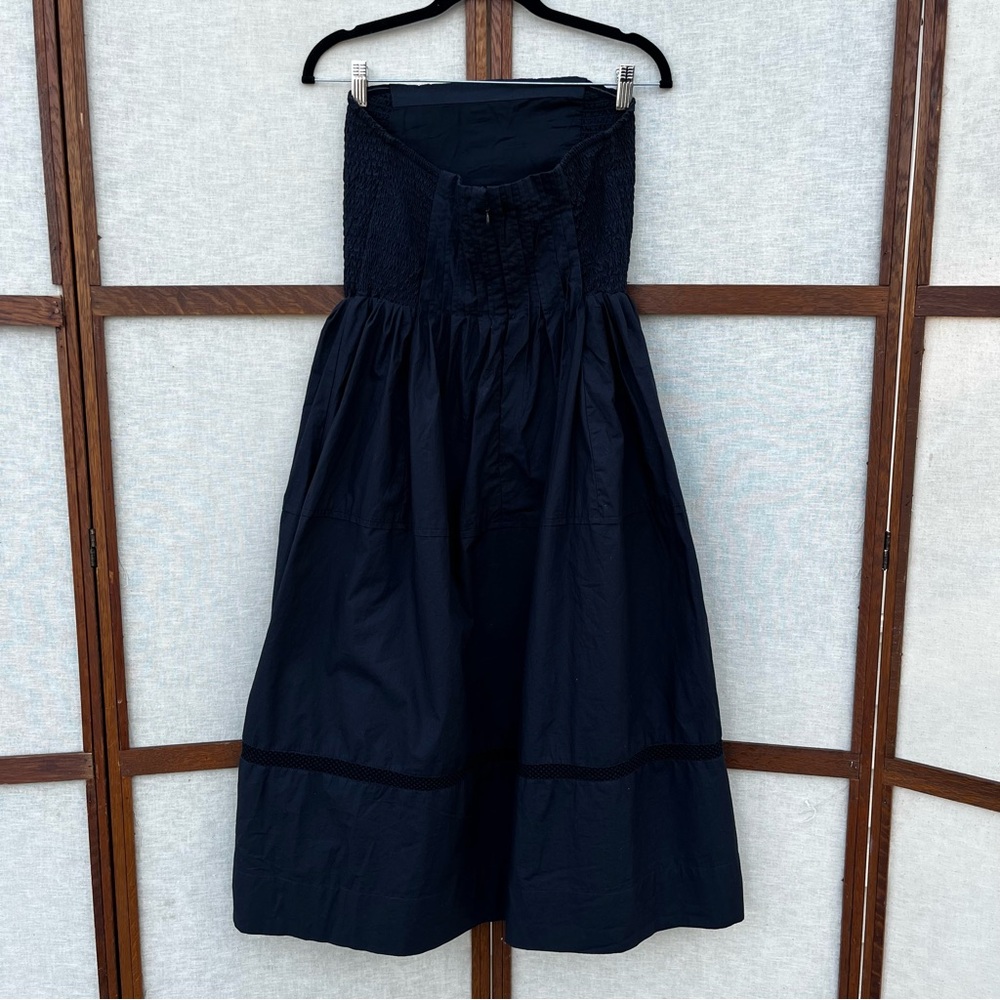 Anthropologie Black Cotton Poplin Strapless Smocked Pintuck Midi Dress - Medium - Picture 10 of 16